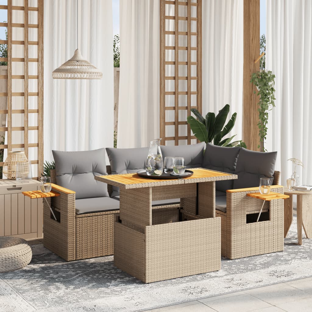 5-Tlg. Garten-Sofagarnitur Mit Kissen Beige Poly Rattan Akazie