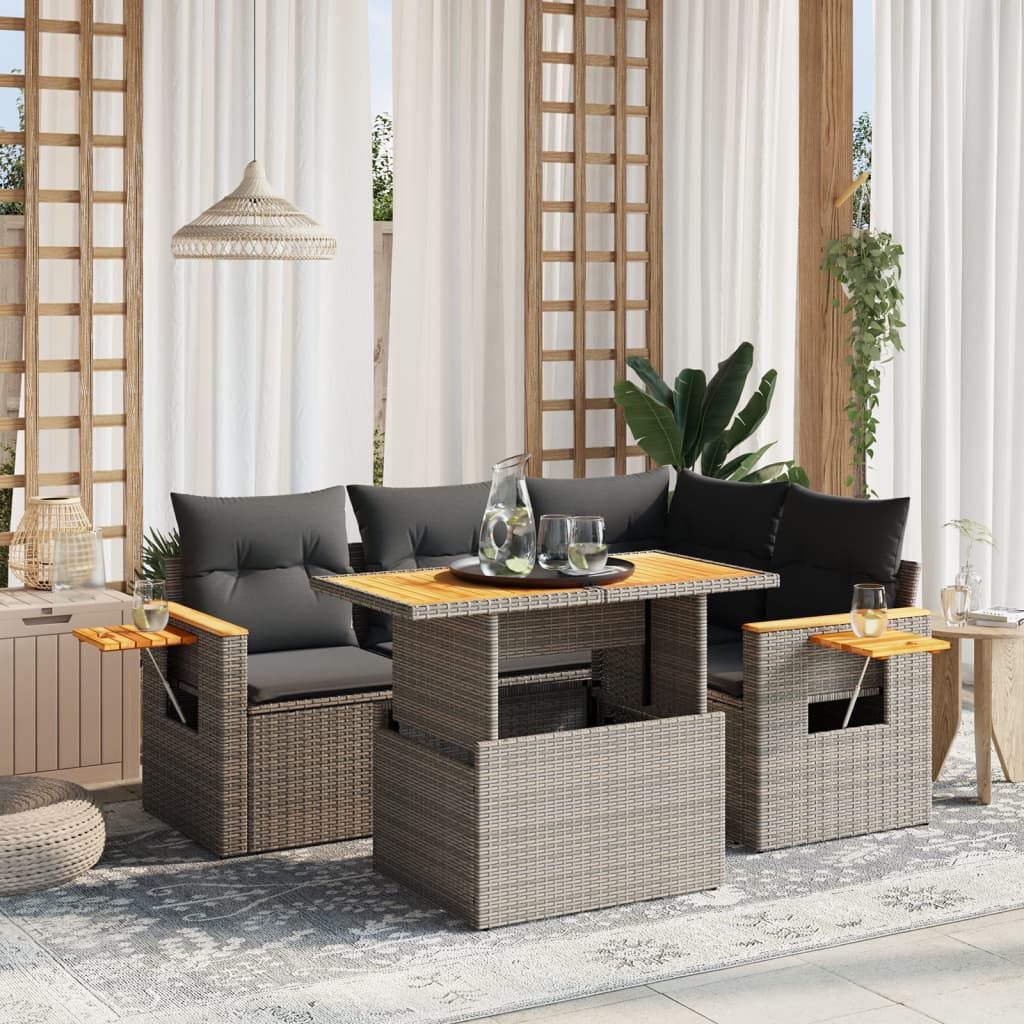 5-Tlg. Garten-Sofagarnitur Mit Kissen Beige Poly Rattan Akazie