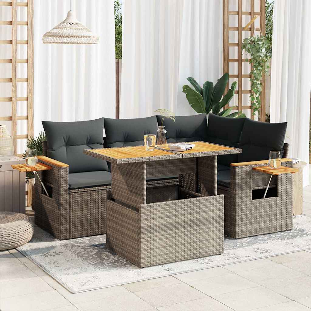 5-Tlg. Garten-Sofagarnitur Mit Kissen Beige Poly Rattan Akazie